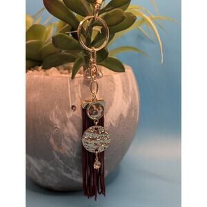 Handmade Red Tassel Bag Charm Keychain Gold Tone Rhinestone Purse Accessory Gift